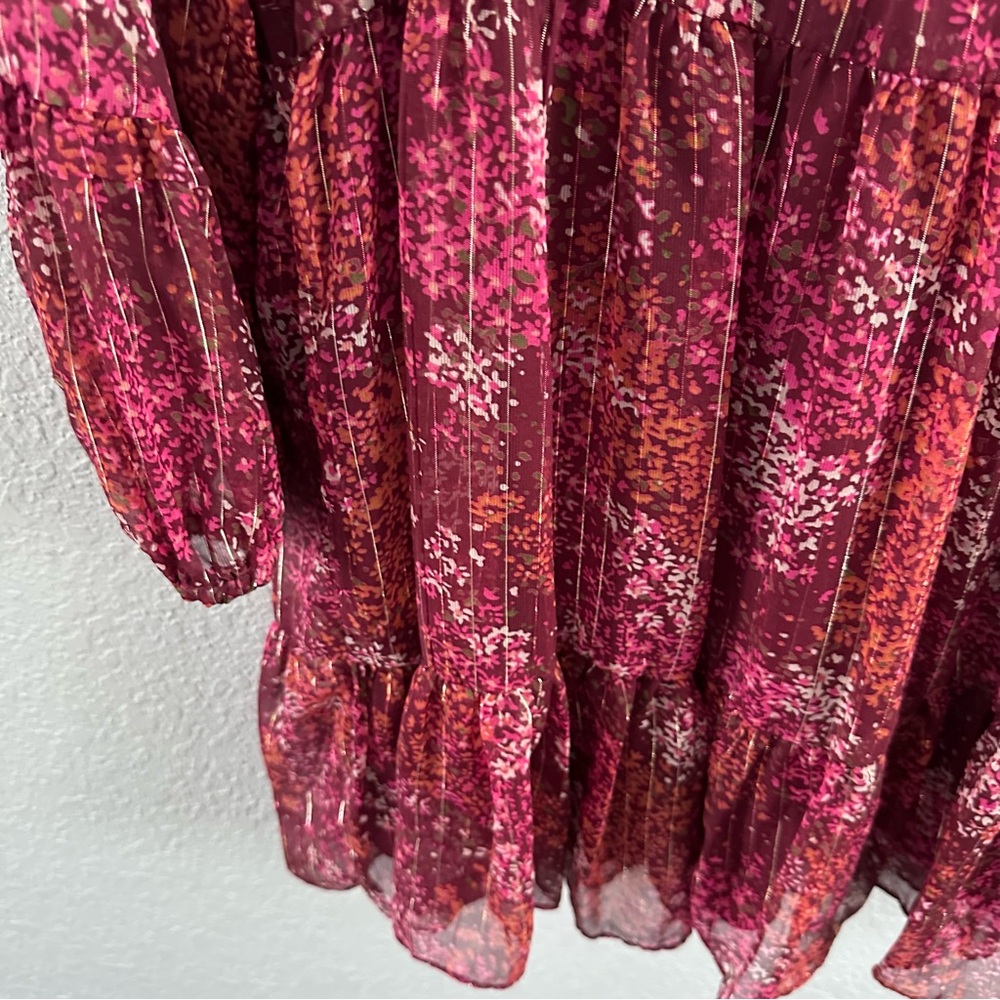 MSK Petite Floral Tiered Chiffon Dress PM Burgundy Romantic Boho Mini - Picture 9 of 13
